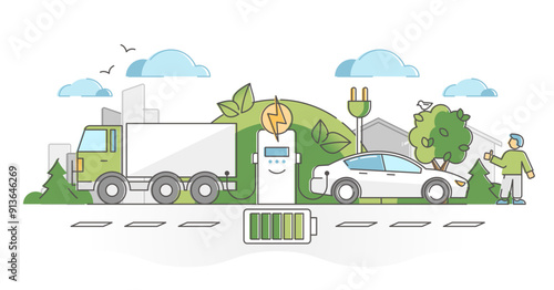 Electric vehicle charging with plugged electricity socket outline concept, transparent background.Alternative energy for green ecological cars with zero emissions illustration.