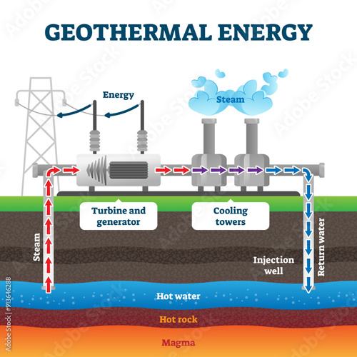 Geothermal energy production example diagram illustration, transparent background. Industrial renewable green energy plant example.