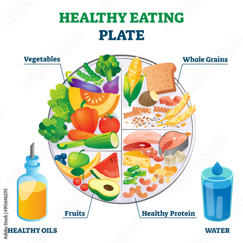 Healthy eating plate illustration, transparent background. Labeled educational food example scheme with vegetables, whole grains, fruit and protein as needed nutrition elements and ingredients.