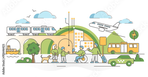 Public transport traffic in urban city with passengers outline concept, transparent background. Road transportation with car or taxi and ships, airplane and railroad express movement illustration.