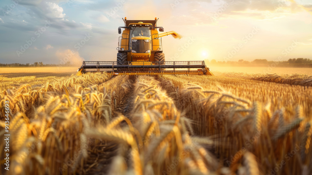 Fototapeta premium A combine harvester cuts through a field of ripe wheat, the golden stalks bending under the weight of the grain. The sun sets in the distance, casting a warm glow over the scene
