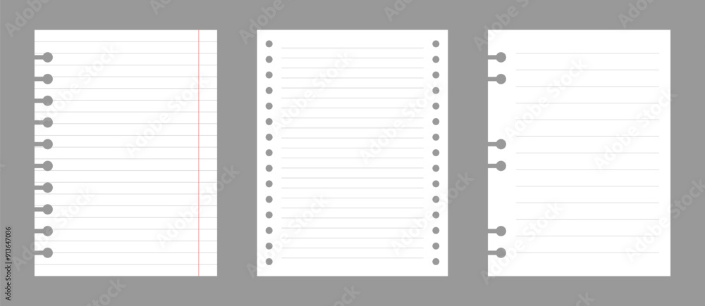Set of notebook sheets isolated on gray background. Realistic white blanks of lined paper. Different vertical pages from diary. Vector template. Set of notebook sheets isolated on gray background. Realistic white blanks of lined paper. Different vertical pages from diary. Vector template.