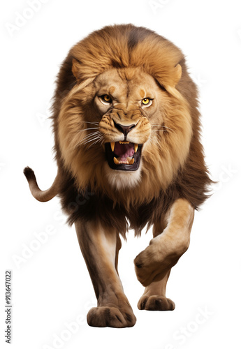 Angry Lion Walking Front View Isolated on Transparent Background 