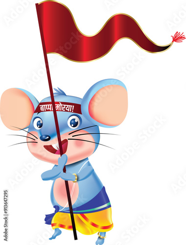 mouse, a vehicle of Lord Ganesha, Having a headband written 'lord Ganesha bless us' getting ready for India's biggest Festival Ganapati Festival, Holding a Banner written 'Welcome All'