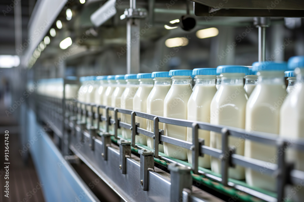 Conveyor belt with bottles of juice at a modern dairy plant Conveyor belt with bottles of juice at a modern dairy plant