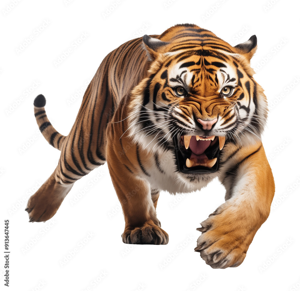Obraz premium Angry Tiger Running Front View Isolated on Transparent Background 