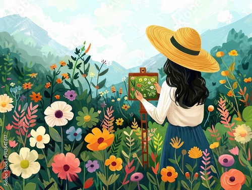 Garden backdrop, artists painting flowers, flat design illustration photo