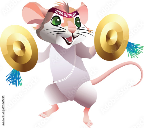 mouse, a vehicle of Lord Ganesha, Having a headband written 'lord Ganesha bless us' getting ready for India's biggest Festival Ganapati Festival, rat as a musician.