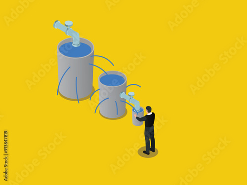 businessman looking after 2 leaking water tanks 3d vector illustration concept