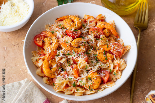 Farfalle pasta with shrimps, tomatoes and cheese. Healthy eating. Italian food.