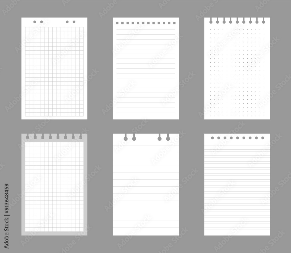 Set of notebook sheets isolated on gray background. Realistic white blanks of checkered, lined and dots paper. Different vertical pages from diary. Vector template. Set of notebook sheets isolated on gray background. Realistic white blanks of checkered, lined and dots paper. Different vertical pages from diary. Vector template.