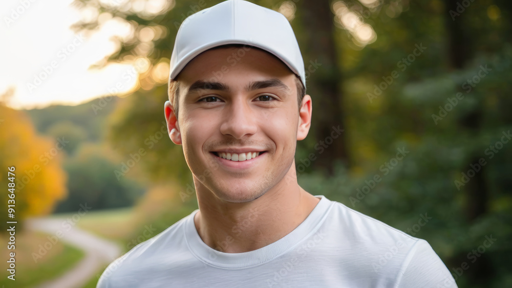 Young man wearing white t-shirt and white baseball cap standing in nature Young man wearing white t-shirt and white baseball cap standing in nature