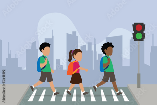 Kids students with backpack walking crossing road near traffic light on zebra crossing on the way to school 2d flat vector illustration
