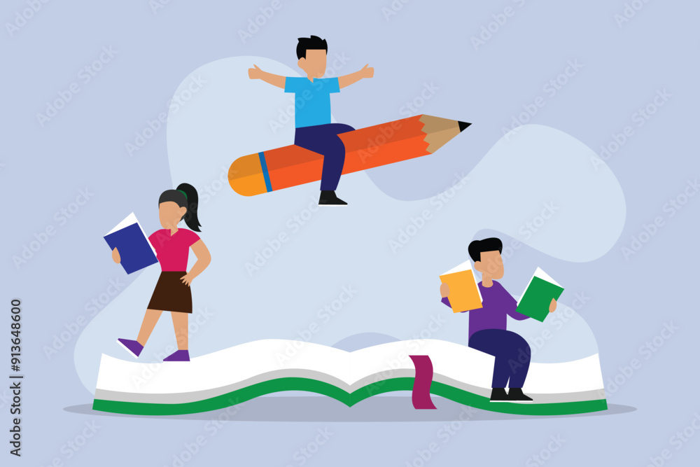 A joyful and sporting reader among books. Students sit on piles of books, gain knowledge, and learn 2d flat vector illustration A joyful and sporting reader among books. Students sit on piles of books, gain knowledge, and learn 2d flat vector illustration