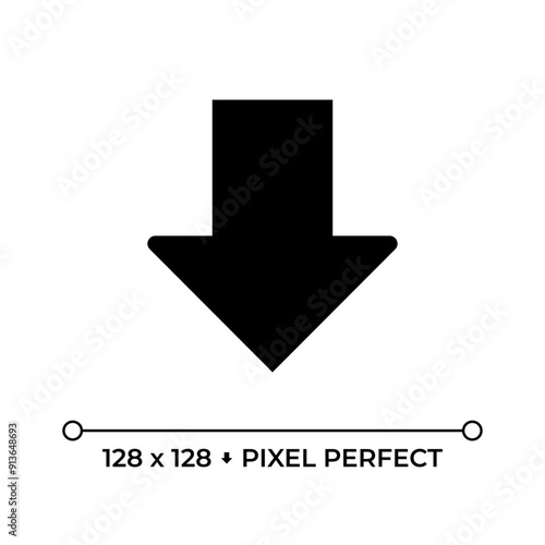 Downward thick arrow black glyph icon. Pointer symbolizing direction or download. Falling down. Decrease and discount. Silhouette symbol on white space. Solid pictogram. Vector isolated illustration