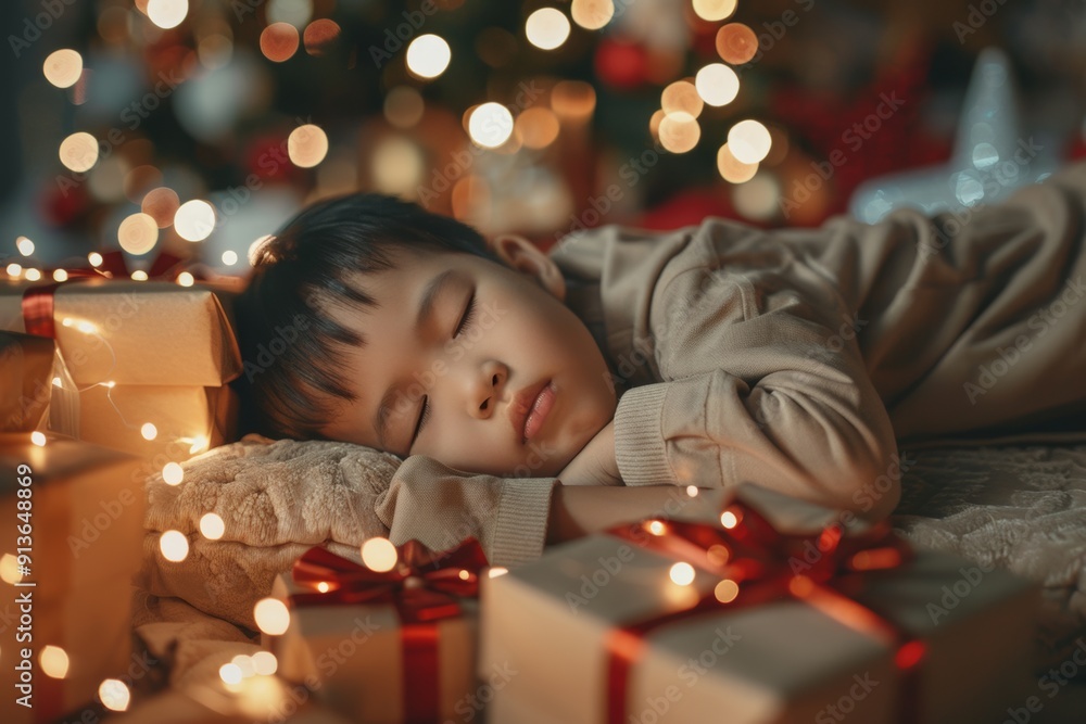 Peaceful sleep child's imagination runs wild festive dreams. Cozy room showcases innocence and wonder of christmas night. Holiday serenity embodied peaceful rest of young boy. Peaceful sleep child's imagination runs wild festive dreams. Cozy room showcases innocence and wonder of christmas night. Holiday serenity embodied peaceful rest of young boy.