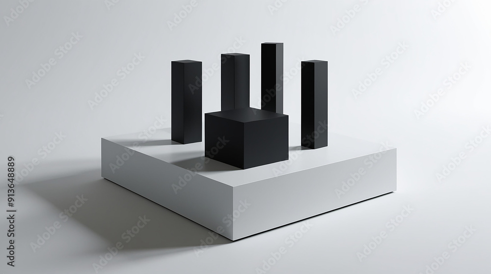 3D abstract composition featuring a collection of geometric black blocks 3D abstract composition featuring a collection of geometric black blocks