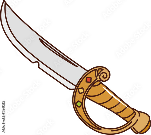 Retro cartoon groovy pirate and corsair sabre with rugged blade and gemsts on its golden handle. Isolated vector vintage sword, symbol of war, danger, adventures and daring voyages on the high seas