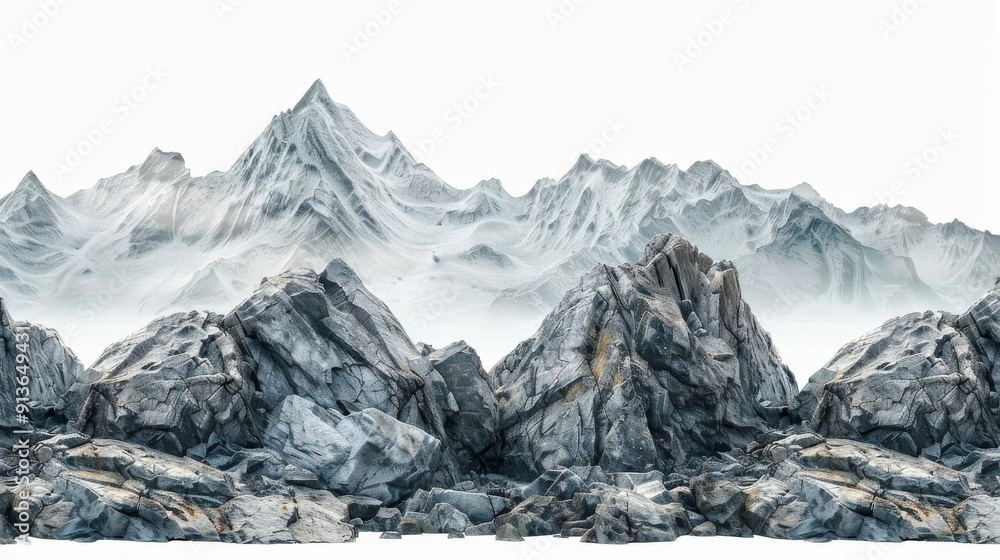 Obraz premium Rocky mountain horizon, landscape element, digital painting, rugged textures, isolated on white background