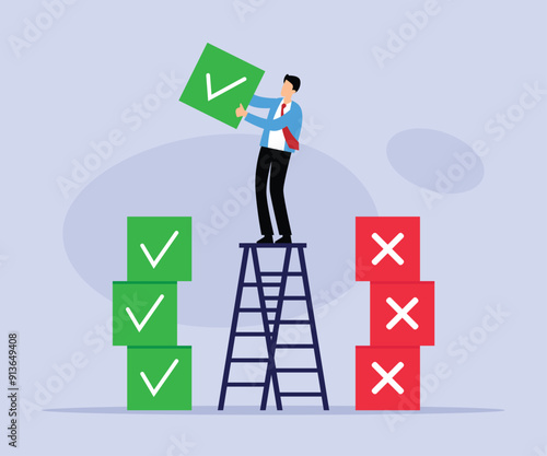 Person Standing on Ladder While Stacking Green Checkmarks and Red Crosses  2d flat vector illustration