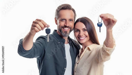 Homeowners. Happy young caucasian couple holding  house keys photo