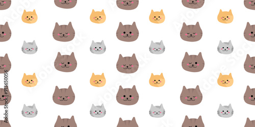 Seamless cute pattern with gray, ginger cats heads. Kids pattern isolated on changeable white background for printing wrapper paper, fabric. Flat style ornament in horizontal format. Nice animals.