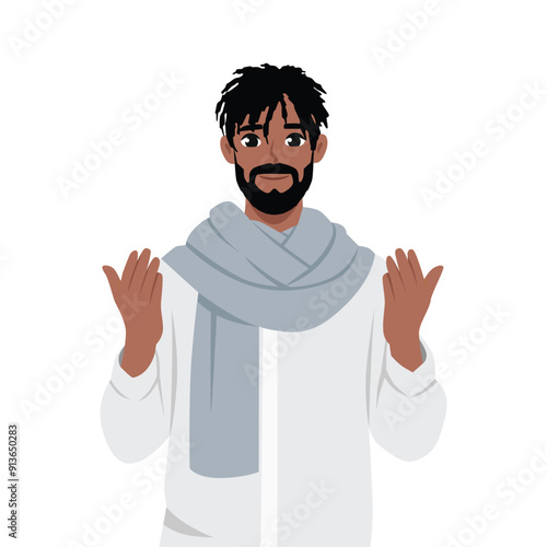 Young Muslim man Pray salam greetings welcoming on Ramadan Kareem. Flat Vector Illustration Isolated on White Background