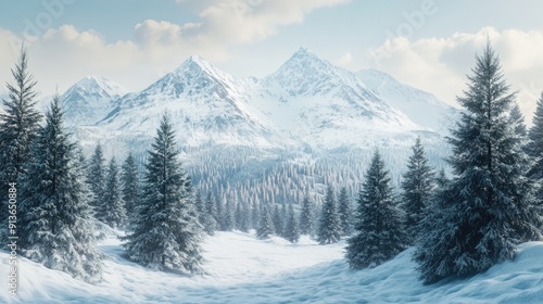 Wallpaper Mural Snowy Mountain Range with Pine Trees Torontodigital.ca