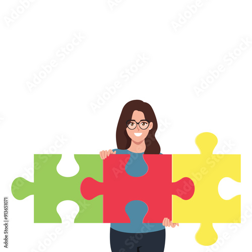Businesswoman assembling together jigsaw puzzle pieces. Flat Vector Illustration Isolated on White Background
