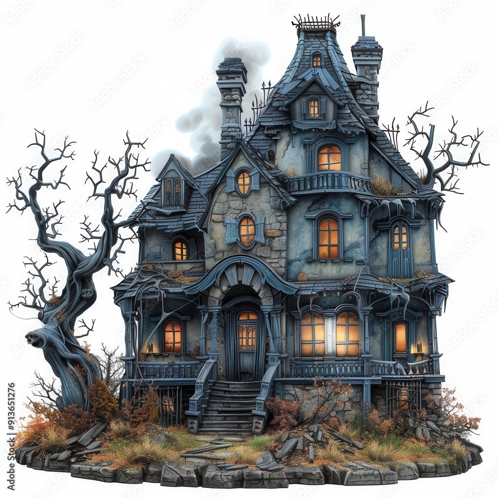 Spooky haunted mansion on solid white background, single object Spooky haunted mansion on solid white background, single object