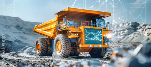 A yellow dump truck moves across a rugged landscape, its dashboard displaying data visualizations and graphs, reflecting the use of digital twin technology in mining operations photo