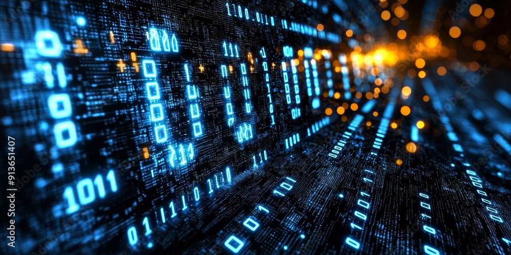 Creative blue hexagonal background with binary code. Technology, design and landing page concept Creative blue hexagonal background with binary code. Technology, design and landing page concept