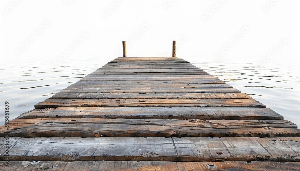 Fototapeta premium A peaceful riverside dock, calming water ambiance, wooden dock surface, isolated on white background