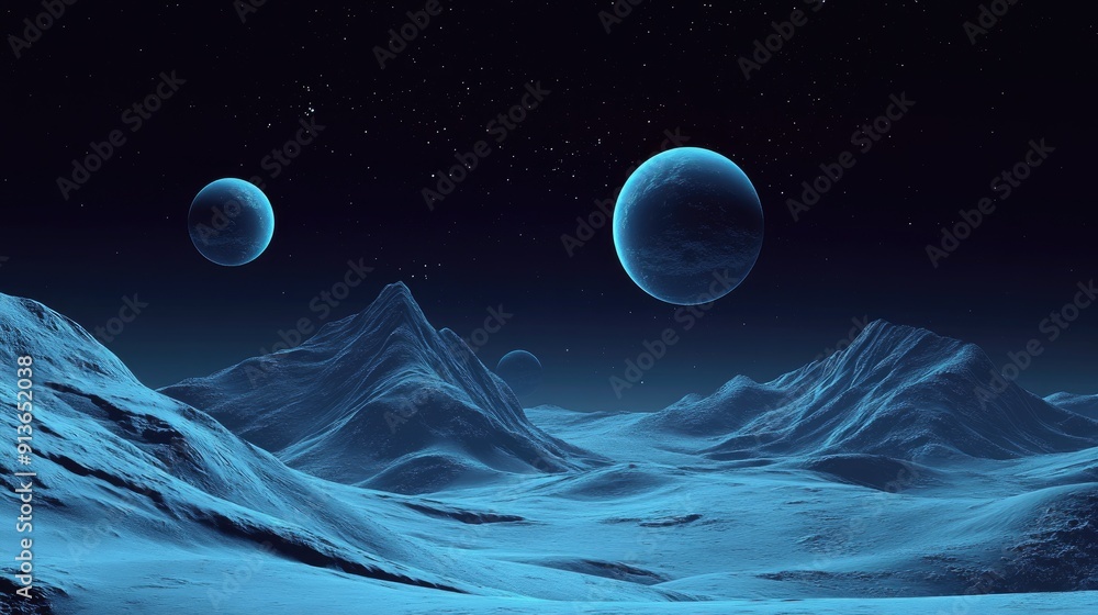 Minimalist 3D render of retro space with grey and blue planets, black gradient background, and planet mountains. Minimalist 3D render of retro space with grey and blue planets, black gradient background, and planet mountains.