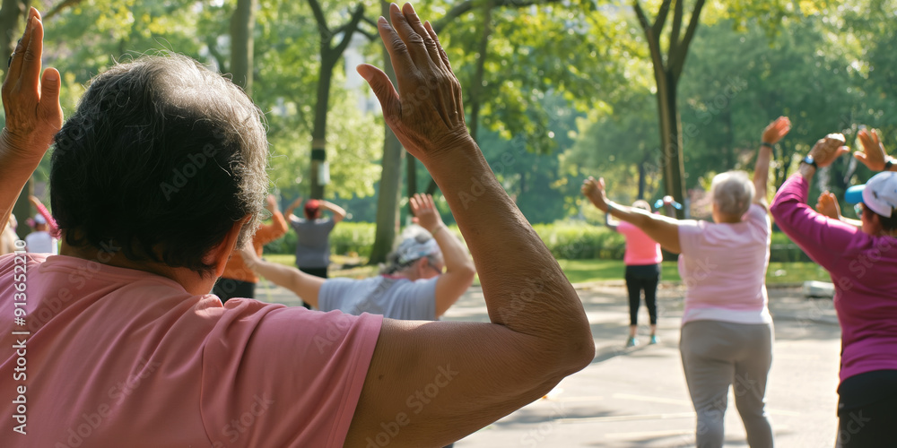 Naklejka premium Senior Group Enjoying Outdoor Exercise Class in Park Setting
