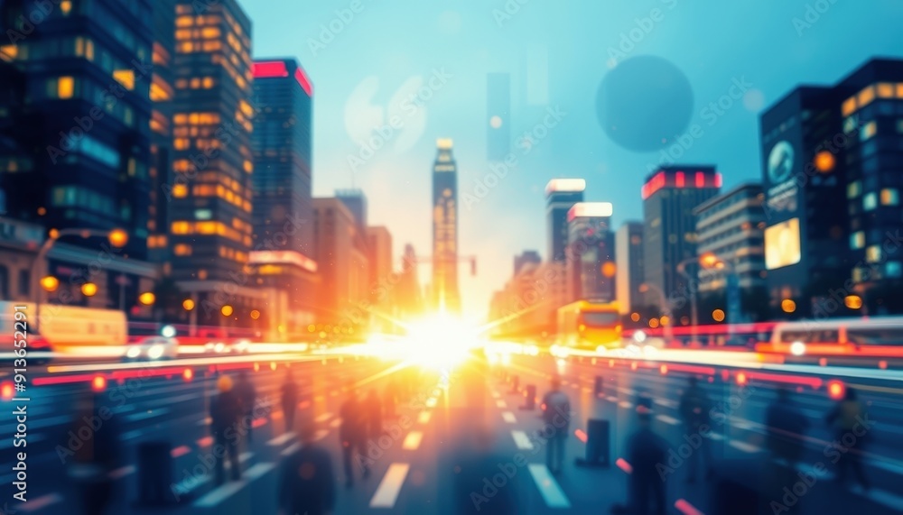Fototapeta premium Blurred Cityscape with Sunburst.