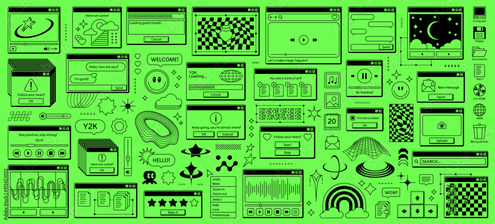 Y2k retro rave window browser sticker, old page with playful nostalgic icons on green toxic desktop screen. Vector stars, planets, rainbows, smile emoji, player or menu elements in funky vintage style Y2k retro rave window browser sticker, old page with playful nostalgic icons on green toxic desktop screen. Vector stars, planets, rainbows, smile emoji, player or menu elements in funky vintage style