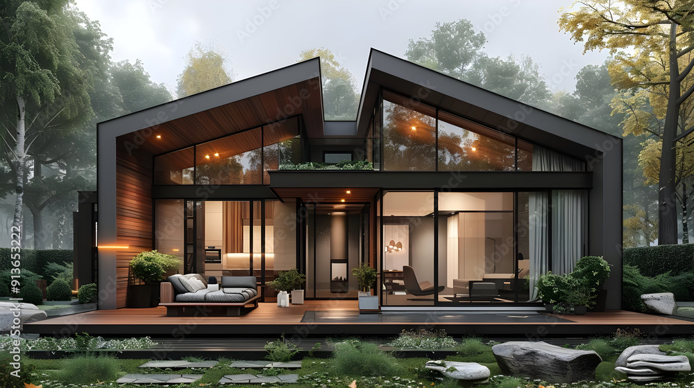 Modern Black and Wood House Illustration Modern Black and Wood House Illustration