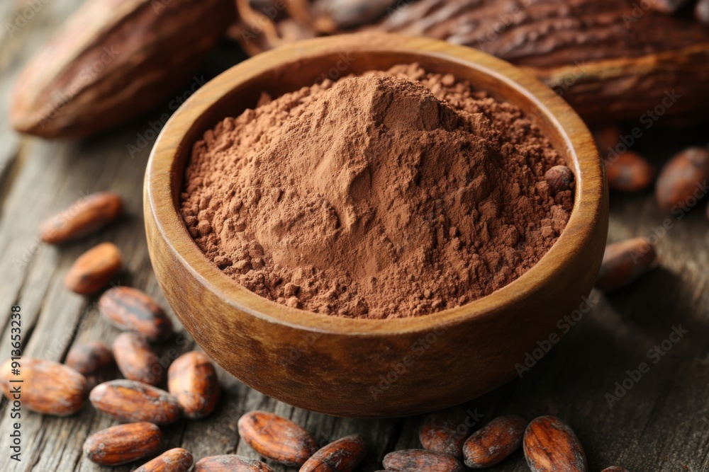 Cocoa Powder in Wooden Bowl surrounded with Beans Cocoa Powder in Wooden Bowl surrounded with Beans