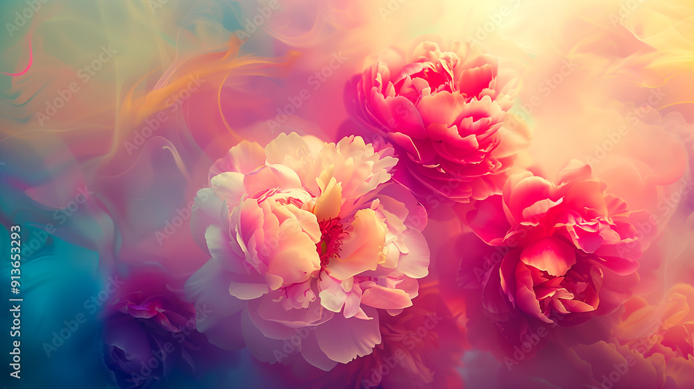 Fototapeta premium A colorful bouquet of pink flowers with a blue background. The flowers are arranged in a way that they look like they are floating in the air. Scene is one of beauty and serenity