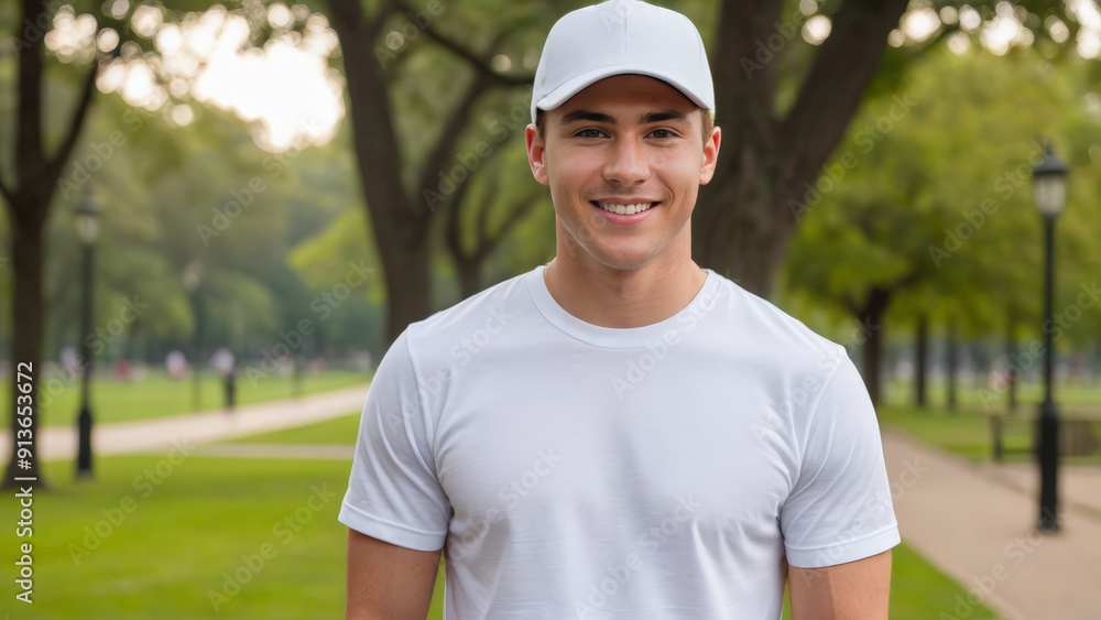 Young man wearing white t-shirt and white baseball cap standing in the park Young man wearing white t-shirt and white baseball cap standing in the park