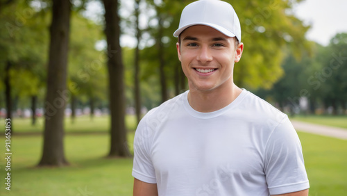 Young man wearing white t-shirt and white baseball cap standing in the park