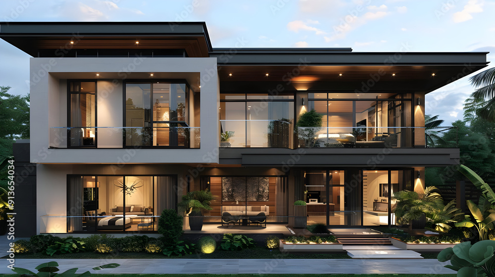 Modern Two-Story House with Balcony and Lush Greenery - 3D Illustration Modern Two-Story House with Balcony and Lush Greenery - 3D Illustration