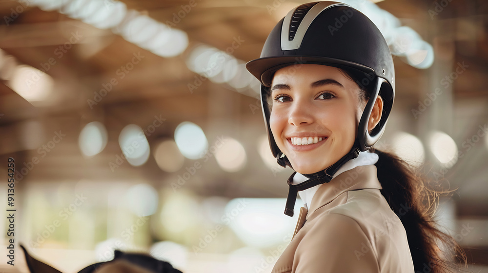 Young woman in a riding helmet smiling while sitting on a horse, indoor equestrian training environment, sunlight streaming through windows Young woman in a riding helmet smiling while sitting on a horse, indoor equestrian training environment, sunlight streaming through windows