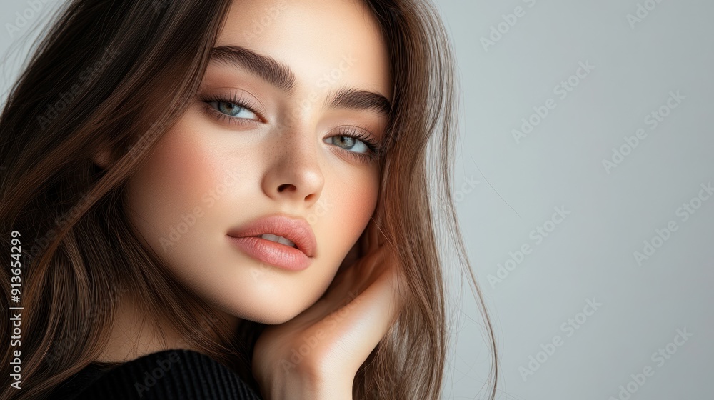 A woman with long brown hair and blue eyes is wearing makeup A woman with long brown hair and blue eyes is wearing makeup