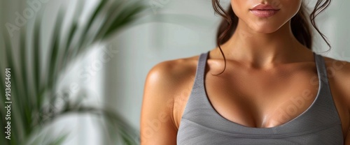 Close-up of a fit woman’s abs, clear white background, natural lighting, copy space photo