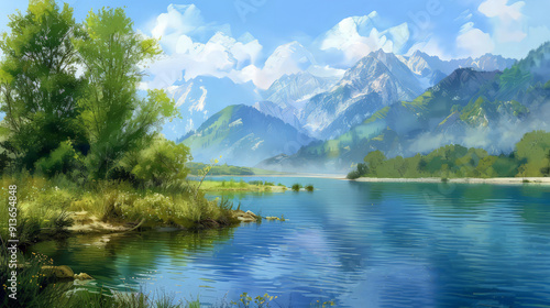 the view on the river bank with beautiful mountains