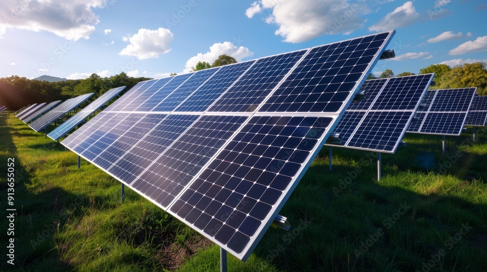 Eco-friendly solar panel setup for conservation change, copy space, deep depth of field, cover all objects. Eco-friendly solar panel setup for conservation change, copy space, deep depth of field, cover all objects.