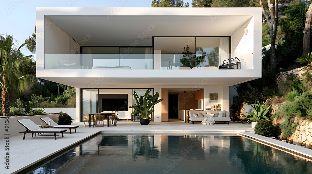 Modern White Villa with Pool and Lush Greenery - Photo Modern White Villa with Pool and Lush Greenery - Photo
