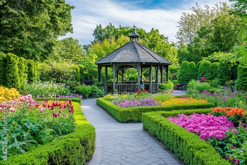 Gazebo in a Lush Garden with Stone Pathway